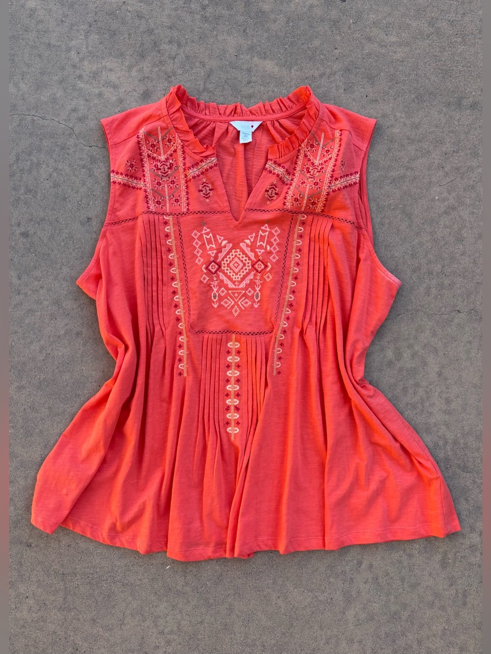 Intro Sleeveless 100% Cotton Embroidered V-Neck Women’s 2X Top Boho